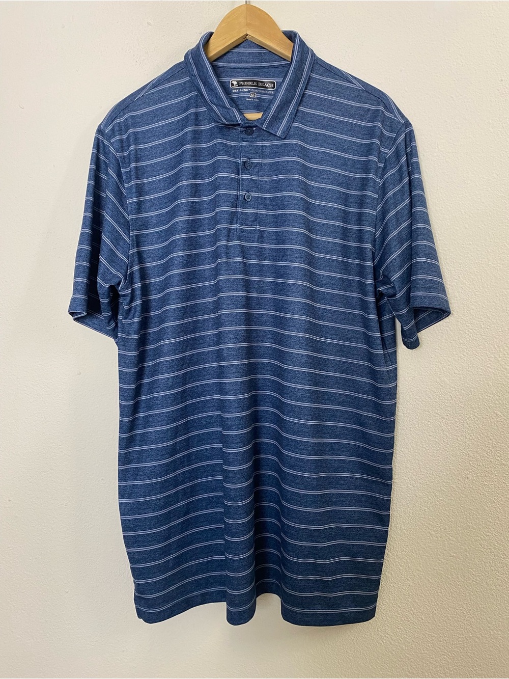 Pebble Beach Dry-Luxe Performance Polo Shirt XL Navy Blue Striped Golf Preppy